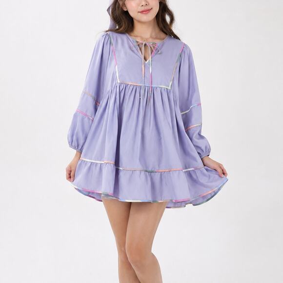entro Dresses & Skirts - Entro Lavender Babydoll Mini Dress Pastel Trim Keyhole Tie Sz S Coquette Kawaii